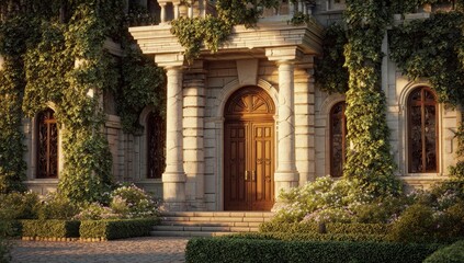 Fototapeta premium Elegant stone mansion entrance, ivy-covered