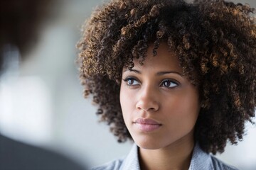 Close up portrait of a young biracial woman with curly hair looking away, showing thoughtful or attentive expression.