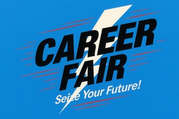 Bold text graphic promoting a career fair with the phrase "Seize Your Future" on a blue background, featuring dynamic red accents and a lightning bolt design.