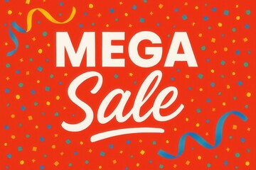 Bold "Mega Sale" text on a vibrant red background with colorful confetti and ribbons, ideal for promotions and advertising festive shopping events.