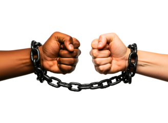 Two hands of different skin tones chained together isolated on transparent background