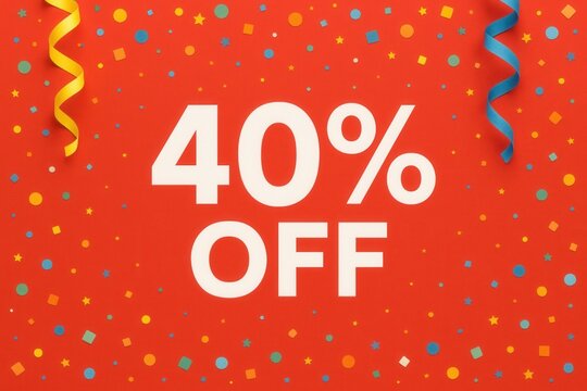 A vibrant promotional design featuring "40% OFF" in large white text on a festive red background, adorned with colorful confetti and ribbon elements, ideal for advertising discounts and sales events.