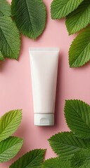 Blank tube of cream surrounded by fresh green leaves on pink background