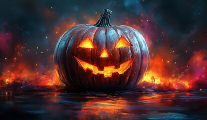 Glowing Jack O Lantern with Fiery Background and Water Reflection halloween pumpkin