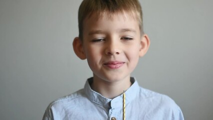 A boy in a light shirt blows out a candle on a piece of chocolate cake. horizontal video. birthday celebration at home. free space for text - Powered by Adobe