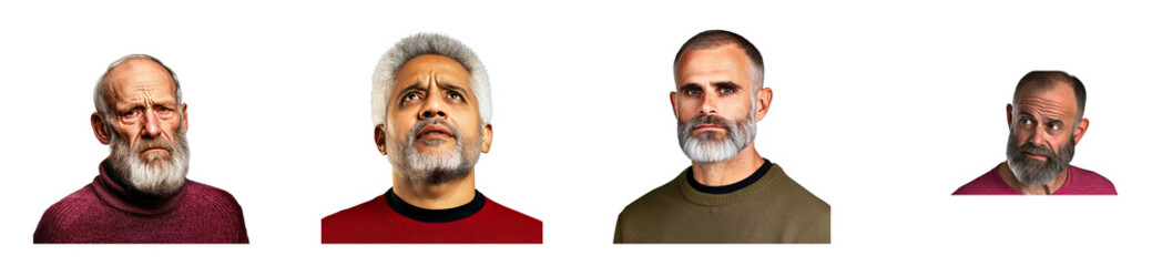 Fototapeta premium Varied expressions of older men with gray beards in casual wear