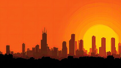 Silhouette city skyline at fiery sunset