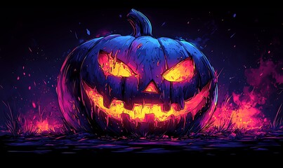 Glowing Jack O Lantern with Fiery Eyes and Purple Hues halloween pumpkin