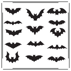 Set of 12 Bat Silhouette Icons: Halloween Bats, Flying Bat Graphics, Spooky Bats for Halloween, Horror, Nighttime, and Party Design Projects