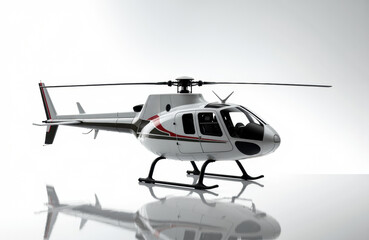 Obraz premium A sleek white helicopter with black and red accents on a reflective surface