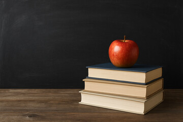 red apple resting on the book with chalk board as background. copy space banner