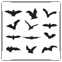 set of 12 Bat Silhouette Icons: Flying Bats, Halloween Bats, Bat Vector Graphics for Spooky, Horror, Nighttime, and Halloween Design Projects