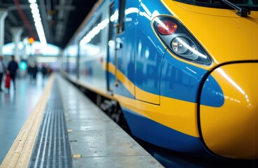 High-speed train parked at a modern station platform with passengers in the background