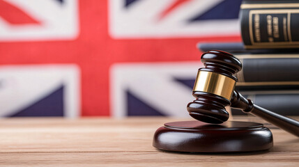 Judge's Gavel Over British Flag in Courtroom Setting with Law Books