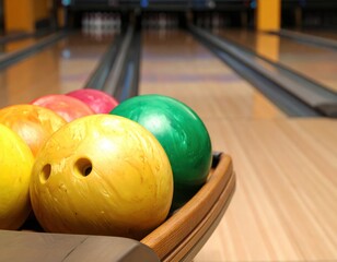 Colorful Bowling Balls in a Bowling Alley Near the Lanes with Soft Focus on the Background Showing Multiple Aisles Perfect for Leisure Activities