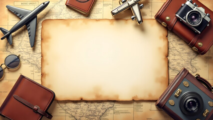 Vintage travel planning concept with old paper for copy space, camera, and airplanes on a world map background. © Ridwan
