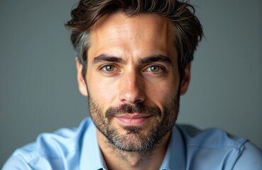 Obraz premium Confident man with styled hair and a slight smile looking directly at the camera