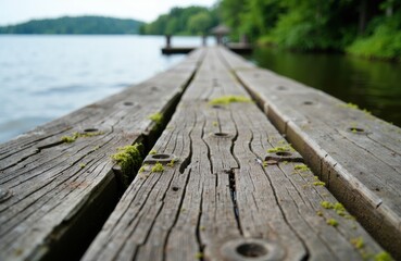 A weathered wooden dock extends into a calm lake with lush green trees in the background