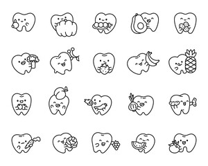 Tooth cute kawaii character set with fruits and vegetables holding food, showing happy faces, cheerful emotions for your illustration and creative designs projects