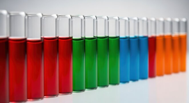 Row of Test Tubes Filled with Colorful Liquids Lined Up on a White Surface - Powered by Adobe