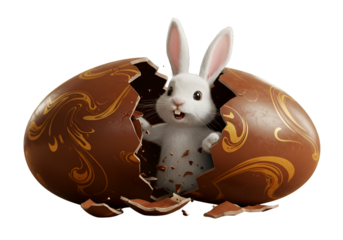 3D Illustration Easter Bunny Emerging From Chocolate Egg With Transparent Background