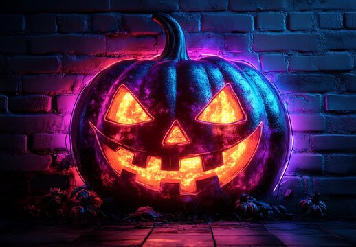 Glowing Jack O Lantern with Neon Lights Against Brick Wall Halloween pumpkin