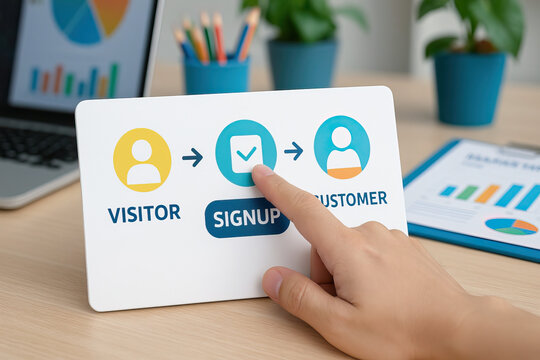 Visitor signup customer conversion process concept with finger pointing on checklist icon on white card in office setting with laptop and charts