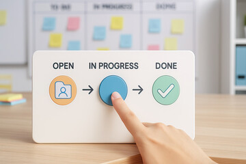 Task progress board with open, in progress, and done stages shown by icons and arrows, hand pressing in progress button, symbolizing workflow and productivity