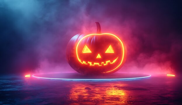 Glowing Jack O Lantern with Neon Lights and Smoke Halloween pumpkin - Powered by Adobe
