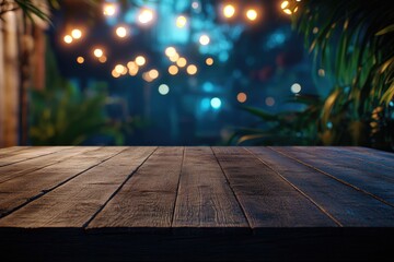 Empty wooden table top with a blurred background of a restaurant or bar interior, decorated with vintage hanging light bulbs and people having fun at night time