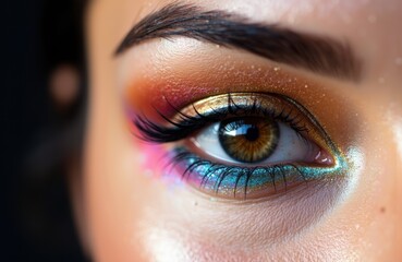 Obraz premium Close-up of a woman's eye with colorful eye makeup and long eyelashes