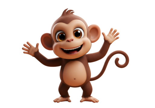 3D Cartoon Monkey Illustration Isolated On Transparent Background Smiling and Waving