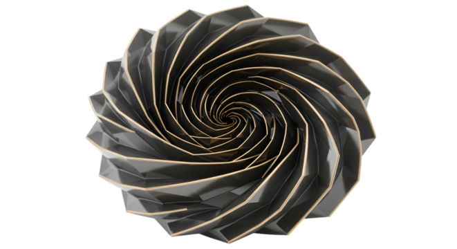 3D Abstract Geometric Spiral Design with Metallic Gray and Gold Elements