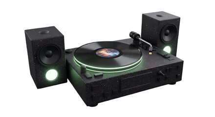 Fototapeta premium 3D Illustration Of A Black Turntable With Glowing Neon Lights Isolated On Transparent Background