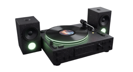 3D Illustration Of A Black Turntable With Glowing Neon Lights Isolated On Transparent Background
