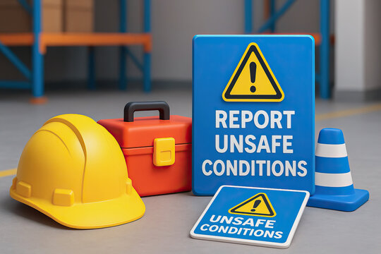 Safety helmet toolbox warning sign caution cone report unsafe conditions workplace safety equipment industrial safety construction safety gear hazard warning protective gear safety alert safety