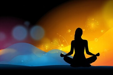 Silhouette of woman practicing standing and sitting yoga at sunrise, vibrant orange, yellow, and purple palette, ideal for wellness or meditation themes