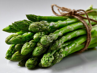 Bundle of fresh asparagus spears, tied, on white 