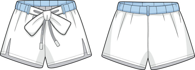 Stylish women's shorts with bow tie front, flat sketch vector, technical fashion illustration, perfect for apparel design and CAD drawing