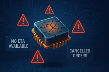 Damaged semiconductor chip surrounded by warning signs indicating shortage with no estimated time of arrival and cancelled orders causing supply chain disruption