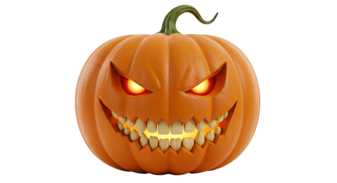 3D Rendered Orange Pumpkin Carved Face with Glowing Eyes Isolated - Powered by Adobe