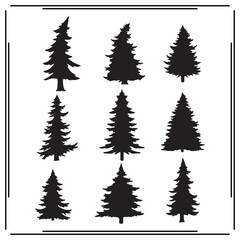 Set of 9 Pine Tree Icons: Black Silhouettes of Pine Trees, Evergreen Trees for Nature, Forest, Landscape, and Outdoor Design Projects