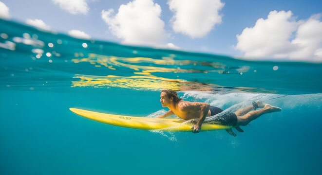 A split-shot view of a young surfer paddling on a yellow surfboard in clear turquoise ocean water. - Powered by Adobe