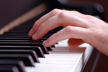 Obraz premium Piano Performance, Hand, Home Studio, Photograph, Indoor Setting, Close-Up View, Music Art