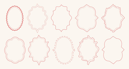 Vintage hand drawn coquette frames. Cute pink red minimalist line art borders. Trendy vintage whimsical borders for wedding invitations, birthday card, prints. Vector modern illustration. 