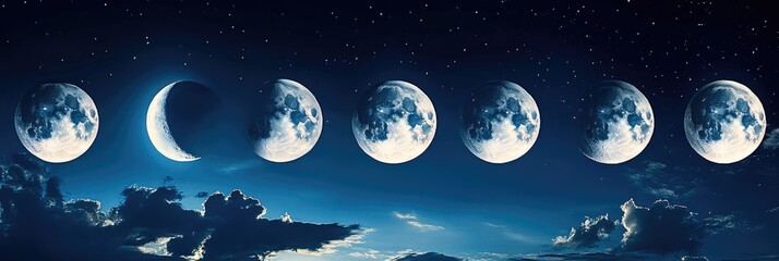 A panoramic view of the moon's phases, with each stage vividly displayed against a dark blue sky and white clouds. The moons are in different stages from full to crescent