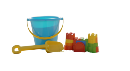 3D Illustration of Beach Toys including a Bucket Shovel and Sand Castle