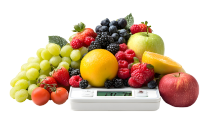 Assortment of fresh fruits and vegetables on digital scale isolated on transparent background