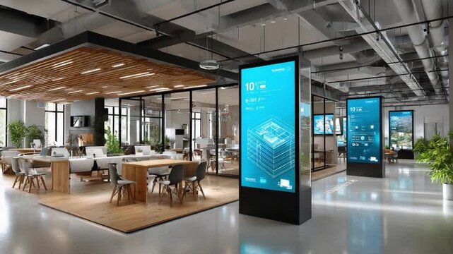 Modern Office Interior with Digital Displays: A modern office interior showcases large digital displays with dynamic content amidst an open and inviting workspace. The scene promotes communication.