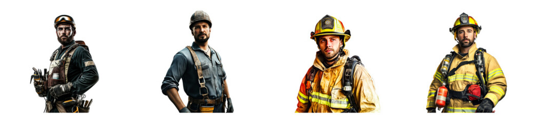 Firefighters and construction workers in professional gear interacting